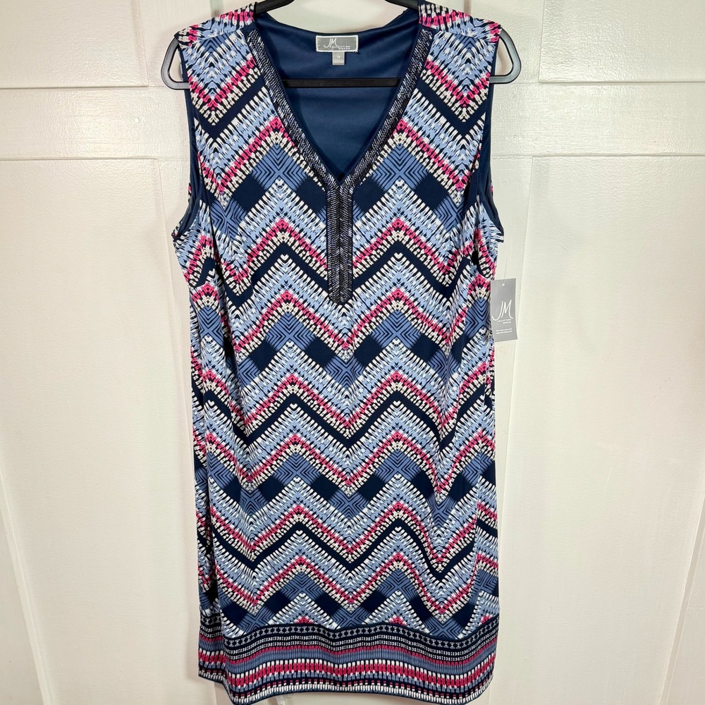 JM Collection Woman Plus Size 1X Blue Pink Black Chevron V Neck Sleeveless Dress